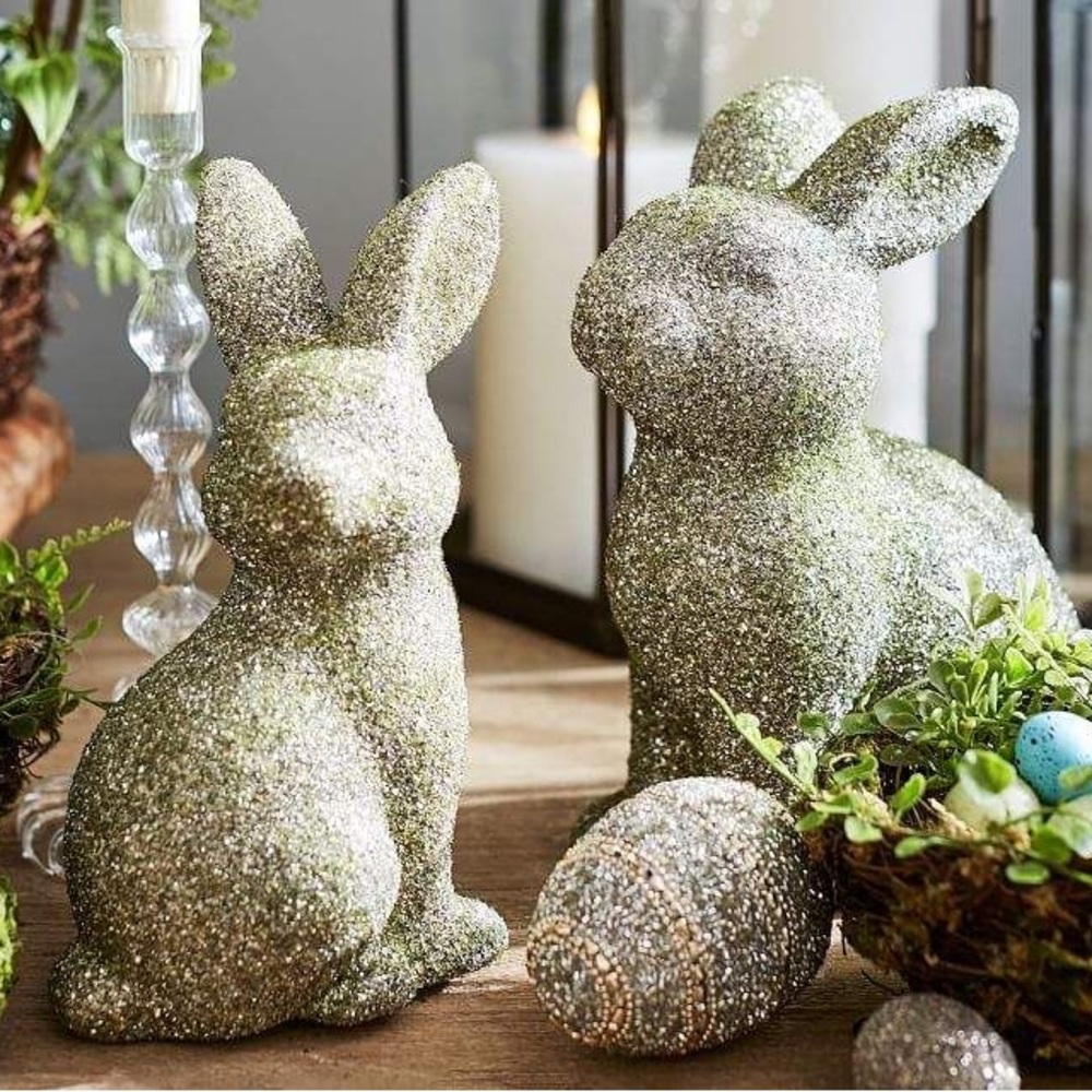 New Pottery Barn German Glitter Bunny Easter Decor, Medium, Silver